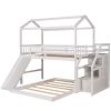 Twin over Full House Bunk Bed with Convertible Slide and Storage Staircase; Full-Length Guardrail; White